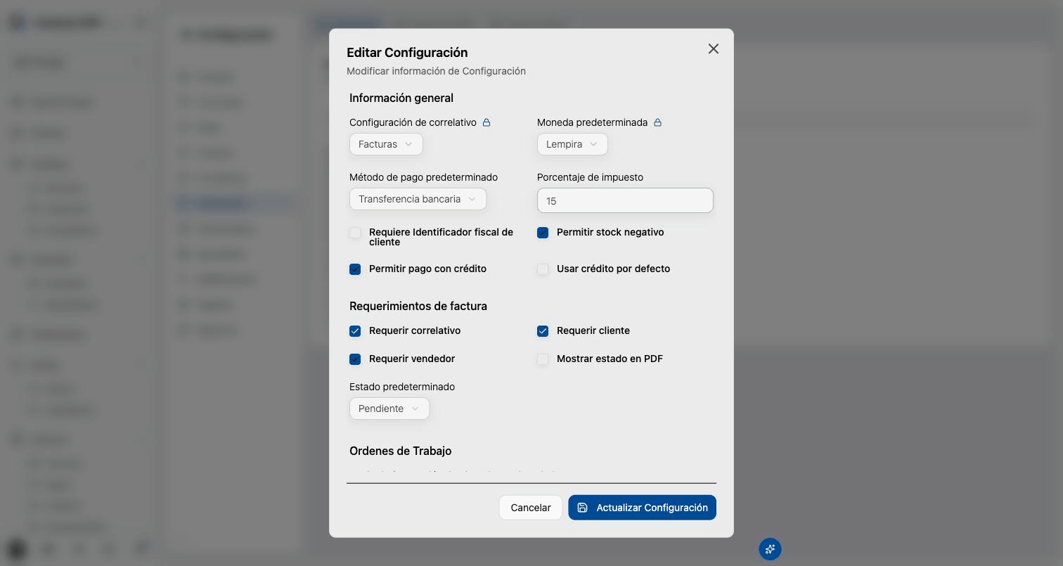 Ventana de configuración de facturación